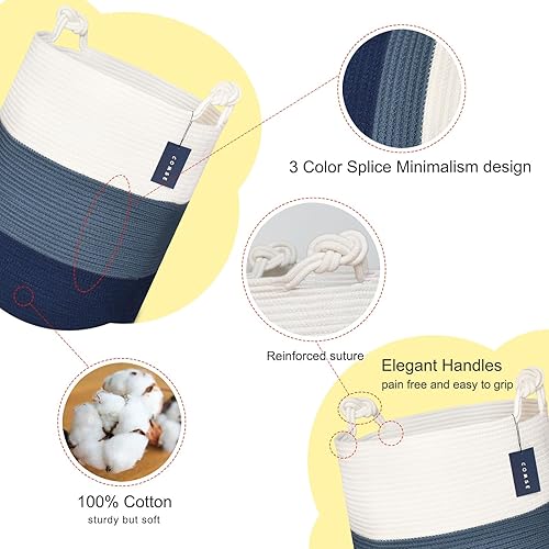COMSE Extra Large Blanket Basket, High Storage Basket, Tall Rope Laundry Basket, 15.7”x 21.7”, Cotton Rope Basket, XXXL Laundry Basket, Toy Basket, Clothes Baskets,White/Cadet Blue/Navy Blue - Jamouz