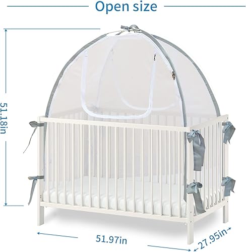 Baby Crib Tent Safety Net, Durable Strong Self-Locking Zippers, Protects from Climbing Out and, Insects, Mosquitoes, Installs with Rods (Crib 52.25' - 28.25') - Jamouz