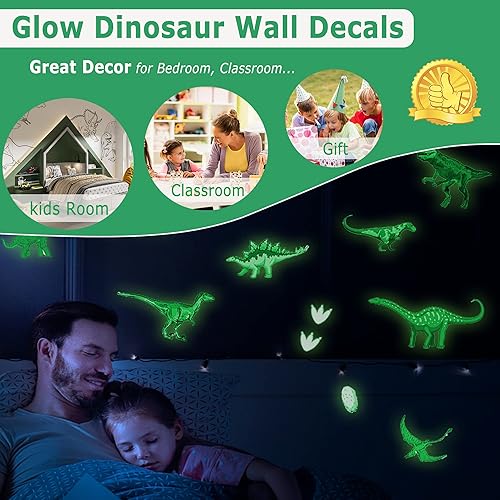 Glow in The Dark Dinosaur Wall Decals Stickers, Glowing Dinosaur Wall Stickers Self-Adhesive for Ceiling, Removable Wall Stickers for Boys Bedroom Kids Girls Baby Nursery Gift - Jamouz