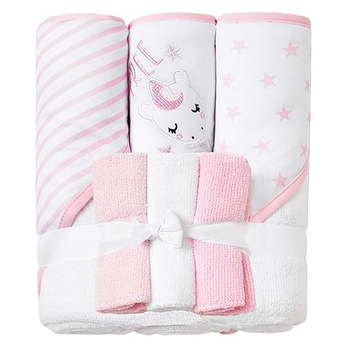 Viviland Baby Towels and Washcloths, Soft Absorbent Pink Baby Bath Towel Set, Elephant Hooded Towels with 5 Infant Face Washcloths (6 Pieces) - Jamouz