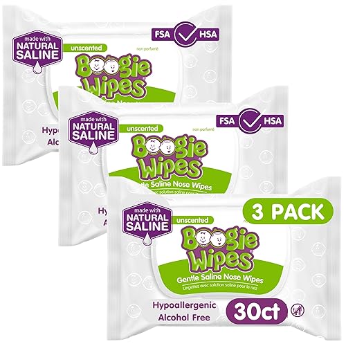 Saline Nose Wipes by Boogie, for Baby & Kids, Face, Hand & Body, FSA/HSA Eligible, Made with Vitamin E, Aloe, and Natural Saline, Unscented, 30 Count (Pack of 6) - Jamouz