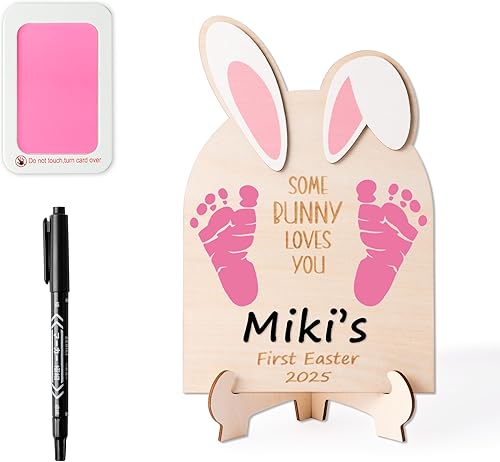 R HORSE Baby DIY Easter Footprint or Handprint Art Sign with Ink Pad, 3D Newborn Bunny Wooden Milestone with Marker Pen, Baby 1st Easter Keepsake Craft Gift Nursery Decor Photo Props for Baby Shower - Jamouz