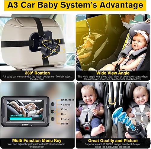 AMTIFO Baby Car Camera Easy Install: Clear Night Vision 2Mins Plug-Play Backseat Camera 360 Rotation Rear Facing Car Baby Monitor with Camera - Jamouz