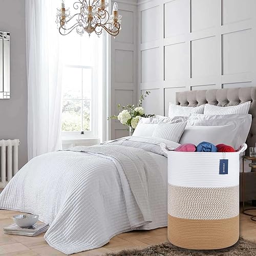 COMSE Extra Large Blanket Basket, High Storage Basket, Tall Rope Laundry Basket, 15.7”x 21.7”, Cotton Rope Basket, XXXL Laundry Basket, Toy Basket, Clothes Baskets,White/Cadet Blue/Navy Blue - Jamouz