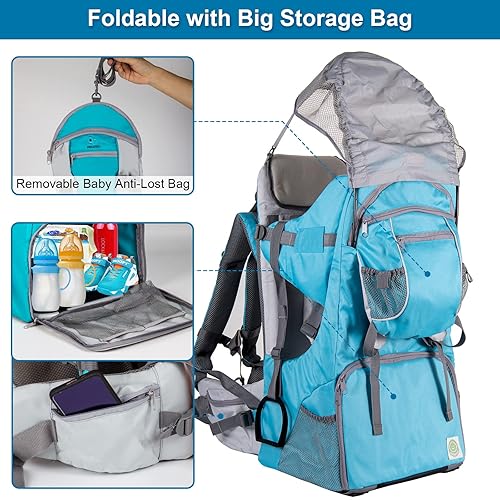 Baby Backpack Carrier, Safe Toddler Hiking Backpack Carrier Camping Child Carriers with Rain Cover Child Kid Sun Shade Large Storage Insulated Pocket, Adjustable Padded Child Seat - Jamouz