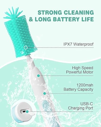 Electric Bottle Brush Cleaner, Rechargable Electric Baby Bottle Brush Cleaner with Nipple & Straw Brush, Travel Baby Bottle Brush with Drying Rack, Perfect Essentials for Mom After Birth, Green - Jamouz