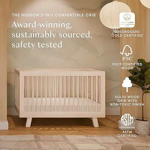 babyletto Hudson 3-in-1 Convertible Baby Crib with Toddler Bed & Daybed Conversion - Easy to Assemble - GREENGUARD Gold Certified w/ 4 Adjustable Mattress Heights - Natural - Jamouz