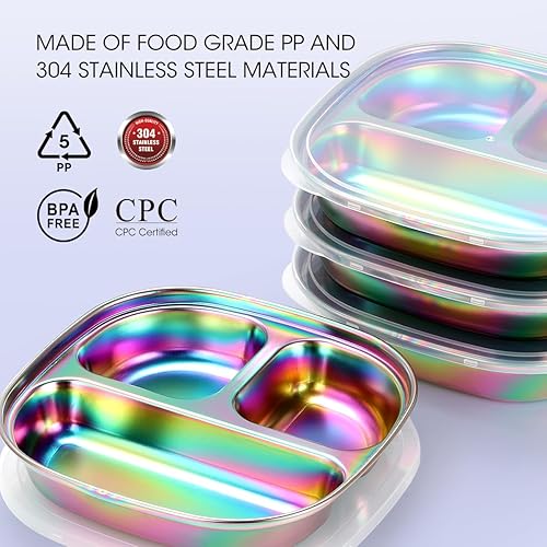 AIEVE Stainless Steel Kids Plates, Pack of 4 Stainless Steel Divided Toddler Plate with Lids - Jamouz