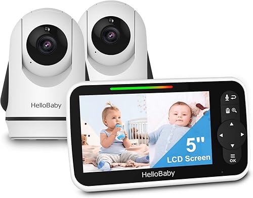 HelloBaby Video Baby Monitor with 2 Cameras and 5 Inch Split Screen Display, Remote Control Cameras with Night Vision and Temprature Monitoring - Jamouz