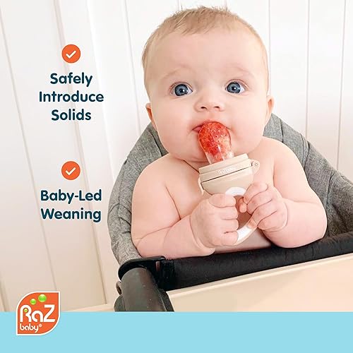 RaZbaby Baby Solids/Frozen Fruit Feeder Pacifier, Infant Teether Toy 6M+, BPA-Free Silicone Pouch & Nipple, Safely Introduce Solids, Teething Relief, Dishwasher Safe, 2-Pack – Orange/Blue + Green/Blue - Jamouz