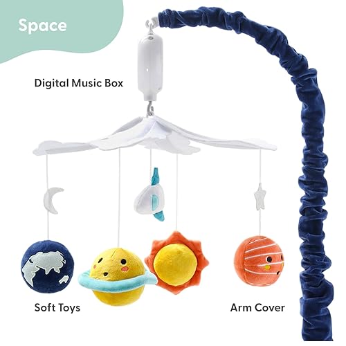 The Peanutshell Crib Mobile for Boys or Girls - White and Dark Blue Musical Baby Crib Mobile with 12 Lullabies, Planets Baby Spectacular Space Nursery Decor - Jamouz