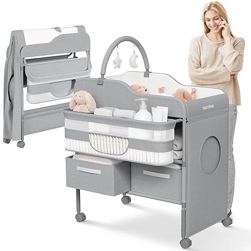 Portable Baby Changing Table with Wheels - Modern Dresser Changing Tables w/Hanging Toys, Laundry Bag, Changing Table Organizer Boxes - Folding Waterproof Baby Diaper Changing Station for Nursery - Jamouz