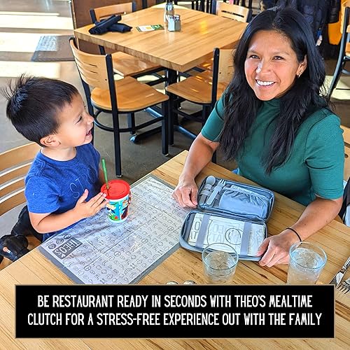 THEO'S Baby Led Weaning Supplies Clutch - Fits Mealtime Essentials and Includes Utensils Loops, Wet-Bag for Baby Wipes or Dirty Items, & Storage for Bibs & Disposable Mats for Under High Chair - Jamouz