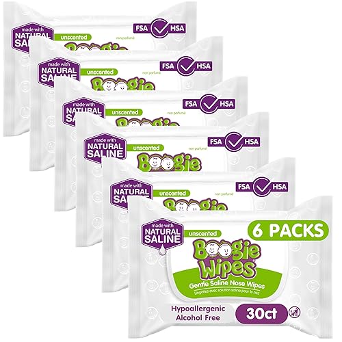 Saline Nose Wipes by Boogie, for Baby & Kids, Face, Hand & Body, FSA/HSA Eligible, Made with Vitamin E, Aloe, and Natural Saline, Unscented, 30 Count (Pack of 6) - Jamouz