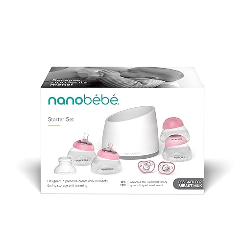 Nanobebe Breastmilk Baby Bottle Anti-Colic Starter Set with Silicone Pacifiers, Bottle Warmer, Breast Pump Adapter, and Slow Flow Nipples - 5 oz - Pink/Grey - Jamouz