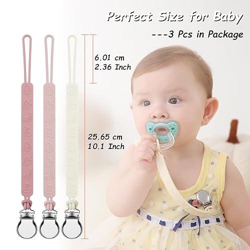 Silicone Pacifier Clip, Seposeve Pack of 3 Baby Pacifier Teether Clip with 4 Texture, Soft Flexible Silicone Pacifier Leashes & Cases for Boy and Girl, Keeps Pacifier Clean, Purple Pink White - Jamouz