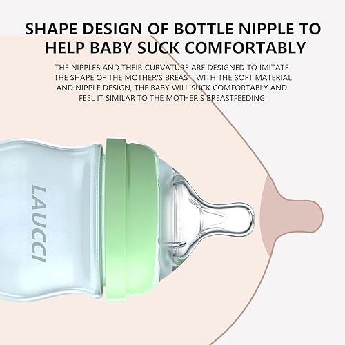Laucci Baby Bottle Set, 4oz 1pc Glass Natural Baby Bottle，8oz Anti-Colic Baby Bottles BPA Free, Slow Flow Nipples 2pc, Anti-Colic Design - Jamouz