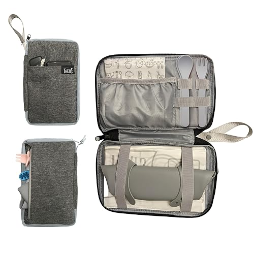 THEO'S Baby Led Weaning Supplies Clutch - Fits Mealtime Essentials and Includes Utensils Loops, Wet-Bag for Baby Wipes or Dirty Items, & Storage for Bibs & Disposable Mats for Under High Chair - Jamouz