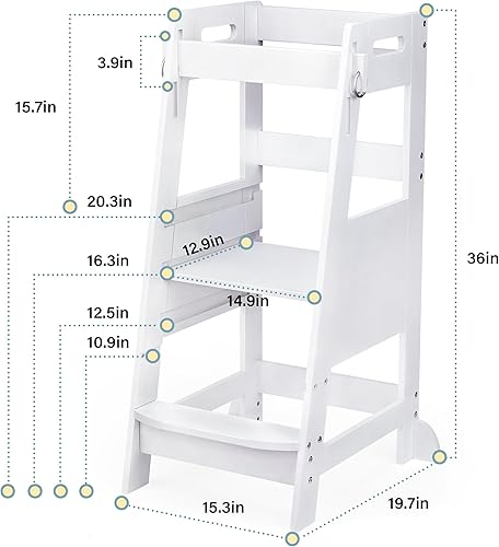 TOETOL Bamboo Toddler Kitchen Step Stool White Helper Standing Tower Height Adjustable with Anti-Slip Protection for Kids Kitchen Counter Learning - Jamouz