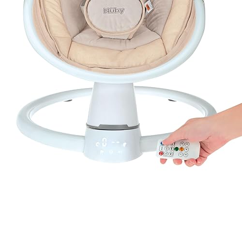 Nuby Baby Swing with Canopy and Remote - 5-Level Infant Swing with Soothing Sounds and Mobile App Control - 0-9 Months - Tan - Jamouz