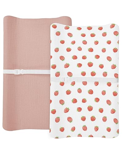 Changing Pad Cover for Baby Boy Girl 2 Pack, Muslin Changing Table Pad Covers with Boho Style, Neutral Nursery Bedding Essentials Soft and Breathable(Dusty Rose & Flower-A) - Jamouz