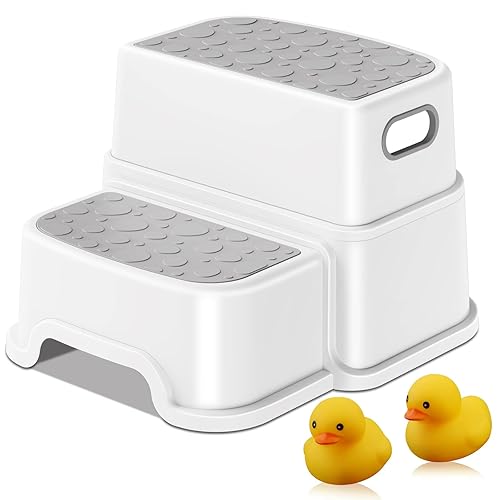 Toddler Step Stool, 2 Step Stool for Kids with Anti-Slip Surface and Rubber Bottom, Kids Step Stool Poop Stool for Toilet Potty Training, Bathroom, Kitchen (Include 2 Ducks) - Jamouz