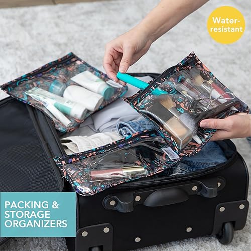 Bumkins Travel Bag, Toiletry, TSA Approved Pouch, Zip Bag, Quart Size Airline Compliant, Clear-Sided, Baby, Diaper Bag Organization, Makeup, Accessories, Packing, Set of 3 Sizes, Sand Check - Jamouz