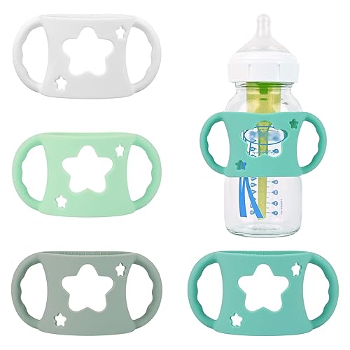 4 Pack Baby Bottle Handles, Silicone Bottle Handles for Dr Brown Wide-Neck Baby Bottles (White+Blue+Green+Grey) - Jamouz