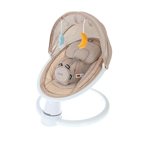 Nuby Baby Swing with Canopy and Remote - 5-Level Infant Swing with Soothing Sounds and Mobile App Control - 0-9 Months - Tan - Jamouz