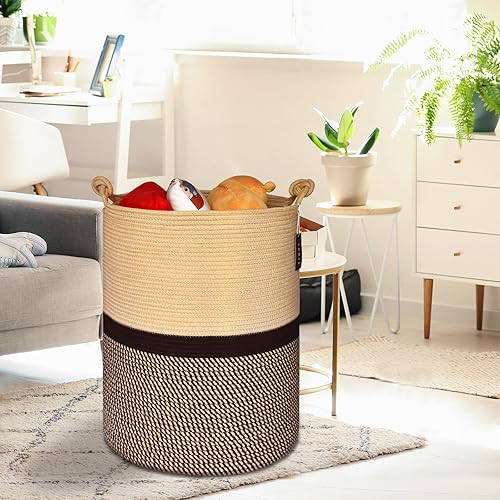COMSE Extra Large Blanket Basket, High Storage Basket, Tall Rope Laundry Basket, 15.7”x 21.7”, Cotton Rope Basket, XXXL Laundry Basket, Toy Basket, Clothes Baskets,White/Cadet Blue/Navy Blue - Jamouz