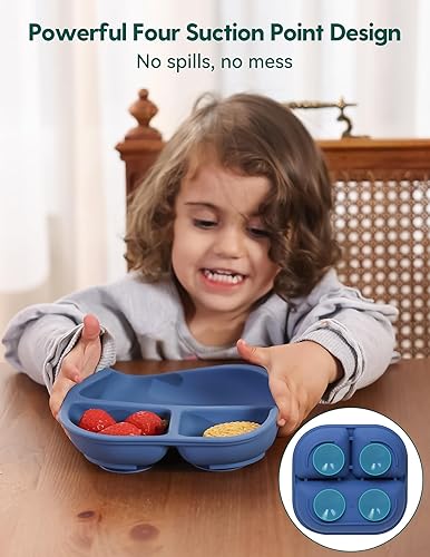 BABELIO Powerful Suction Plates for Baby and Toddler, 100% Food Grand Silicone, Divided, BPA Free, Microwave & Dishwasher Safe, Stay Put, 3 Pack - Jamouz
