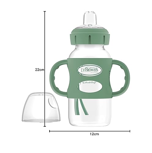 Dr. Brown's Milestones Wide-Neck Sippy Spout Bottle with 100% Silicone Handles, Easy-Grip Handles with Soft Sippy Spout, 9oz/270mL, Green & Gray, 2-Pack, 6m+ - Jamouz