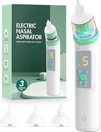 Nasal Aspirator for Baby, Electric Baby Nose Sucker with Adjustable 5 Levels Suction, Baby Nasal Aspirator with Music and Lights, Nose Sucker for Toddler with 3 Tips, Green - Jamouz