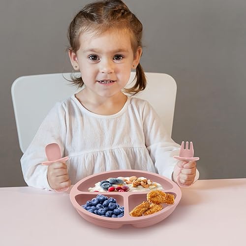 Silicone Feeding Set, 2 Pack Divided Toddler Plates with Suction, 2 Pack Utensils - Spoons & Forks, BPA Free, Baby Led Weaning Supplies - Jamouz