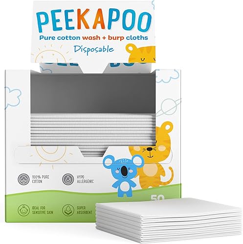 Peekapoo - Disposable Cotton Wash Cloths (50 Pack), Biodegradable, Soft, Thick, Baby Burp Cloths, Unscented, Hypoallergenic Burping Cloth, Sensitive Skin - Jamouz