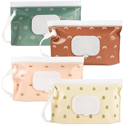 FEBSNOW 4 Pack Baby Wipe Dispenser, Portable Refillable Wipe Holder, Baby Wipes Container, Wipe Dispenser, Reusable Travel Wet Wipe Pouch (Geometric) - Jamouz