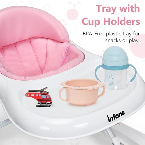 INFANS Foldable Baby Walker, 3 in 1 Toddler Walker Learning-Seated Walk-Behind for Boys and Girls, Adjustable Speed Rear Wheels, Safety Bumper, Detachable Seat Cover, Anti-Rollover (Pink) - Jamouz