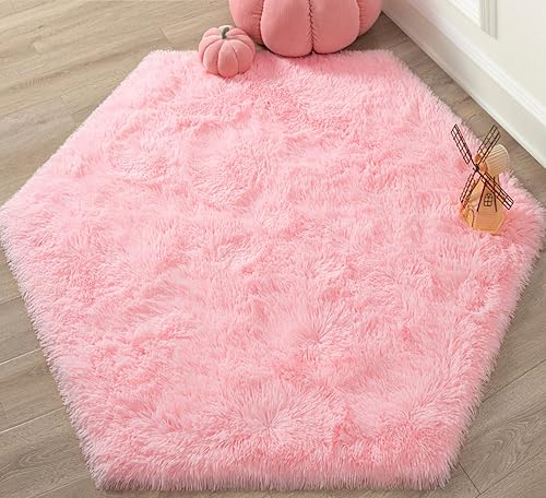 Pink Hexagon Princess Rug, 4.6X4 Ft Castle Play Tent Carpet, Cute Fluffy Rug for Girls Room, Shaggy Soft Non Slip Nursery Rug, Furry Area Rug Fuzzy Plush Mat for Dorm Baby Room Decor - Jamouz