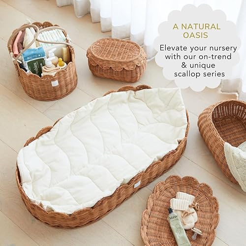 Premium Baby Diaper Caddy Organizer - Handmade & Award-Winning Scalloped Rattan Basket - Luxury Diaper Caddy Basket - Elegant Scalloped Edge (Natural) - Jamouz