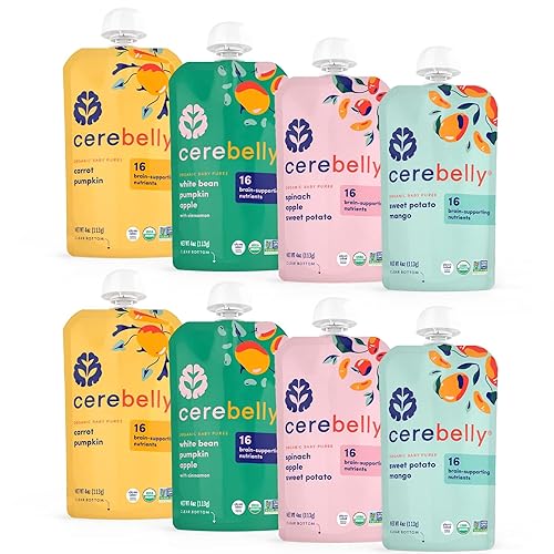 Cerebelly 6+ Month Organic Baby Food Pouches Puree - Baby & Toddler Snacks Made with Organic Veggies & Fruit - 16 Brain-Supporting Nutrients - Veggie Variety Pack (4 oz, Pack of 8) - Jamouz