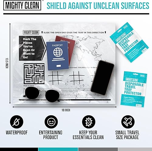 15 Disposable Travel Tray Protectors by Mighty Clean │ Airplane Travel Essentials for Toddler, Kids, and Adults │ Must Have for Flying │ Provides a Clean Surface and Entertainment │ 15 Pack - Jamouz