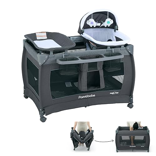 Pamo Babe 3-in-1 Baby Playard, Basic Magic Fold Nursery Center with Zip Door & Changing Table, One Second to Set Play Yard - Jamouz