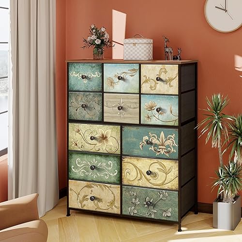 Tohomeor Dresser with Drawers for Bedroom Chest of Drawers Fabric Dresser for Closet,Nursery Entryway Hall Tree TV Stand for Living Room Retro Floral Pattern Drawers Wooden Top (12 Drawers) - Jamouz