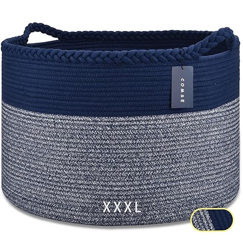 COMSE Extra Large Blanket Basket, Storage Basket, Laundry Basket, 21.7”x 13.8”, Laundry Hamper, Cotton Rope Basket, Blanket Basket Living Room, Toy Basket (White & Cadet Blue & Navy Blue) - Jamouz