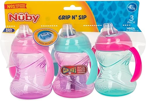 Nuby Clik-It Soft Spout No-Spill Training Sippy Cup with Handles - (3-Pack) 10 Oz - 4+ Months - Neutral - Jamouz