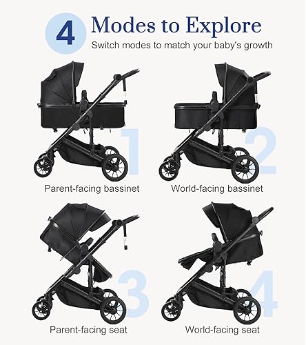 Baby Strollers Black 2-in-1 Convertible Baby Stroller with Bassinet Mode - Toddler Stroller with Reversible Stroller Seat - Jamouz
