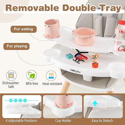 BABY JOY 5 in 1 High Chair, Convertible High Chairs for Babies and Toddlers/Booster Seat/Table and Chair Set, Infant Wooden Highchair w/ 5-Point Harness, 4-Position Removable Tray & PU Cushion, Coffee - Jamouz