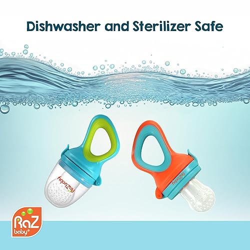 RaZbaby Baby Solids/Frozen Fruit Feeder Pacifier, Infant Teether Toy 6M+, BPA-Free Silicone Pouch & Nipple, Safely Introduce Solids, Teething Relief, Dishwasher Safe, 2-Pack – Orange/Blue + Green/Blue - Jamouz