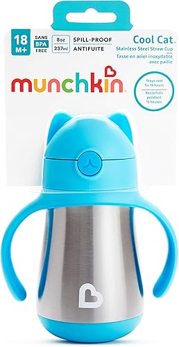 Munchkin Cool Cat Sippy Cup for Toddlers, Stainless Steel Straw Cup, 8 Ounce, Pink - Jamouz