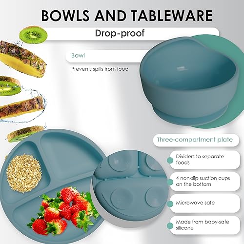 Bluet B- Silicone Baby Feeding Set - Baby Led Weaning Supplies - Baby Spoons, Suction Bowl - Plate - Baby Utensils Set - Silicone Feeding Set for Baby First Foods, Infant Eating - 8pcs - Purple - Jamouz